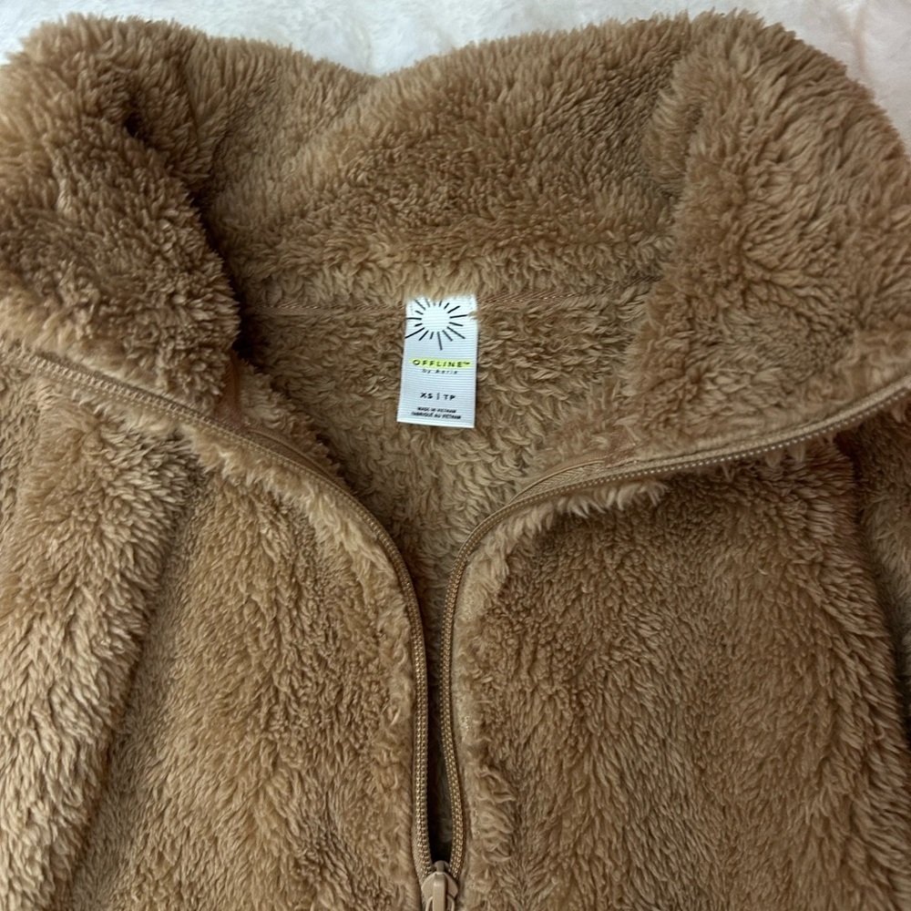 Aerie Offline Fluffy Sherpa Cropped Cozy Brown Teddy Jacket Size XS - Picture 8 of 10